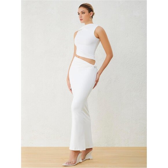 Women's Two Piece Set Cotton Slim Fit Crop Top Maxi Skirt Casual Outfits - Picture 5 of 6